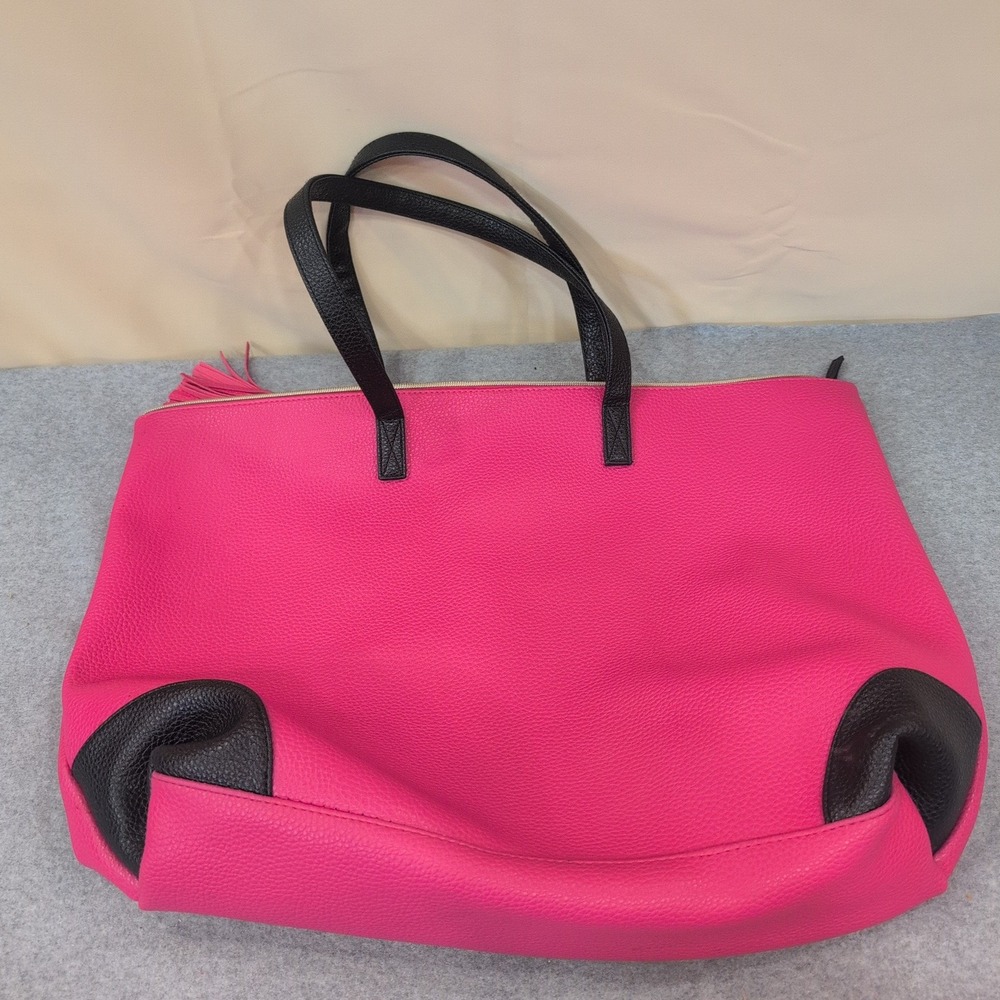 Pink Pebbled Faux Leather Large Tote‎ Bag Black Straps Tassel Zip Top Carryall - Picture 2 of 7
